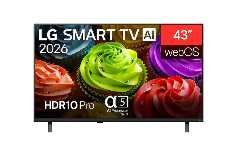 Вид спереди телевизора LG SMART TV AI LB65 FHD, выпущенный в 2026 году, демонстрирует крупный план разноцветных кексов, представляя процессор alpha 5 AI Gen9, HDR10 Pro, webOS и 43-дюймовый дисплей.