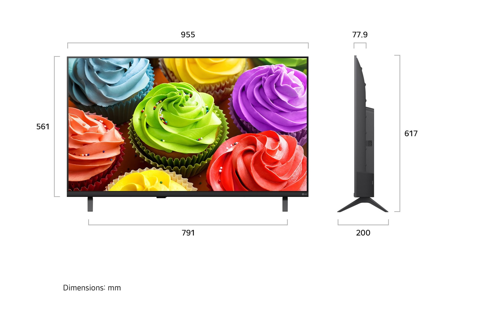 Телевизор LG SMART TV AI LB65 FHD, показанный спереди и сбоку, представляет собой 43-дюймовый дисплей с шириной экрана 955 мм, высота экрана 561 мм, высота с подставкой 617 мм, глубина 77,9 мм, основание подставки 791 на 200 мм.