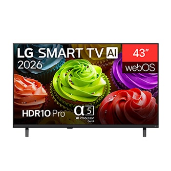 Вид спереди телевизора LG SMART TV AI LB65 FHD, выпущенный в 2026 году, демонстрирует крупный план разноцветных кексов, представляя процессор alpha 5 AI Gen9, HDR10 Pro, webOS и 43-дюймовый дисплей.
