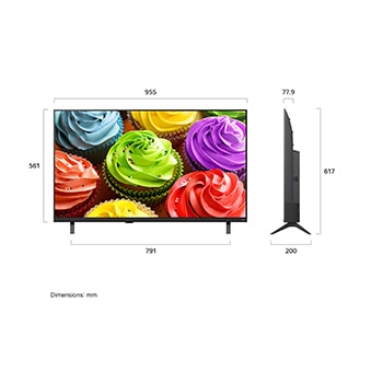 Телевизор LG SMART TV AI LB65 FHD, показанный спереди и сбоку, представляет собой 43-дюймовый дисплей с шириной экрана 955 мм, высота экрана 561 мм, высота с подставкой 617 мм, глубина 77,9 мм, основание подставки 791 на 200 мм.