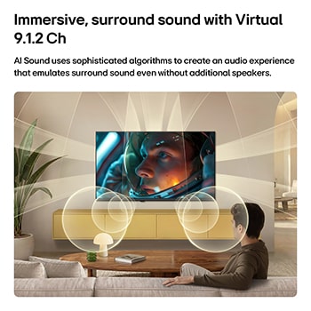 Телевизор LG SMART TV AI LB65 FHD с виртуальными каналами Virtual 9.1.2 от AI Sound наполняет современную гостиную разнонаправленным звуком во время просмотра на экране сцены из фильма про астронавтов, усиливая эффект погружения во всем пространстве.