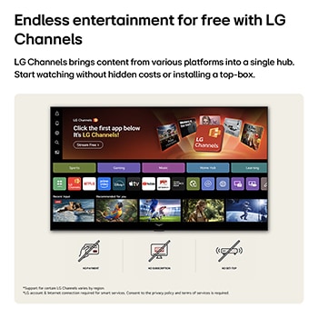 На главном экране телевизора LG SMART TV AI LB65 FHD осуществляется переход в интерфейс LG Channels, демонстрирующий бесплатные телеканалы в прямом эфире, фильмы и эксклюзивный контент. Здесь подчеркивается прямой доступ к сотням вариантов развлечений без оплаты, без подписки и без необходимости использования ресивера.
