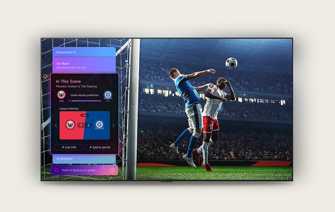 LG Mini RGB evo AI MRGB85 Sports Forecast by AI Concierge displays a live soccer match with an on-screen AI panel presenting predictions, game insights, and league data, suggesting how AI analyzes gameplay to forecast match outcomes.