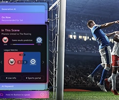 LG Mini RGB evo AI MRGB85 Sports Forecast by AI Concierge displays a live soccer match with an on-screen AI panel presenting predictions, game insights, and league data, suggesting how AI analyzes gameplay to forecast match outcomes.
