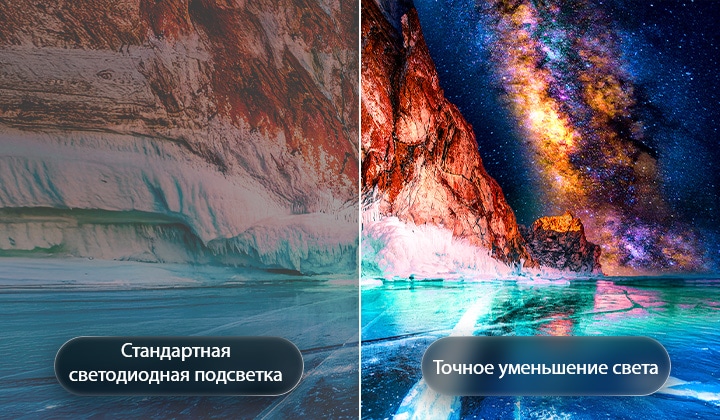 LG Mini RGB evo AI MRGB85 демонстрирует технологию Precision Dimming с помощью разделенного изображения, сравнивающего обычный LED слева с более глубоким черным цветом и улучшенной четкостью контраста справа, обеспечиваемыми процессором alpha 8 AI.