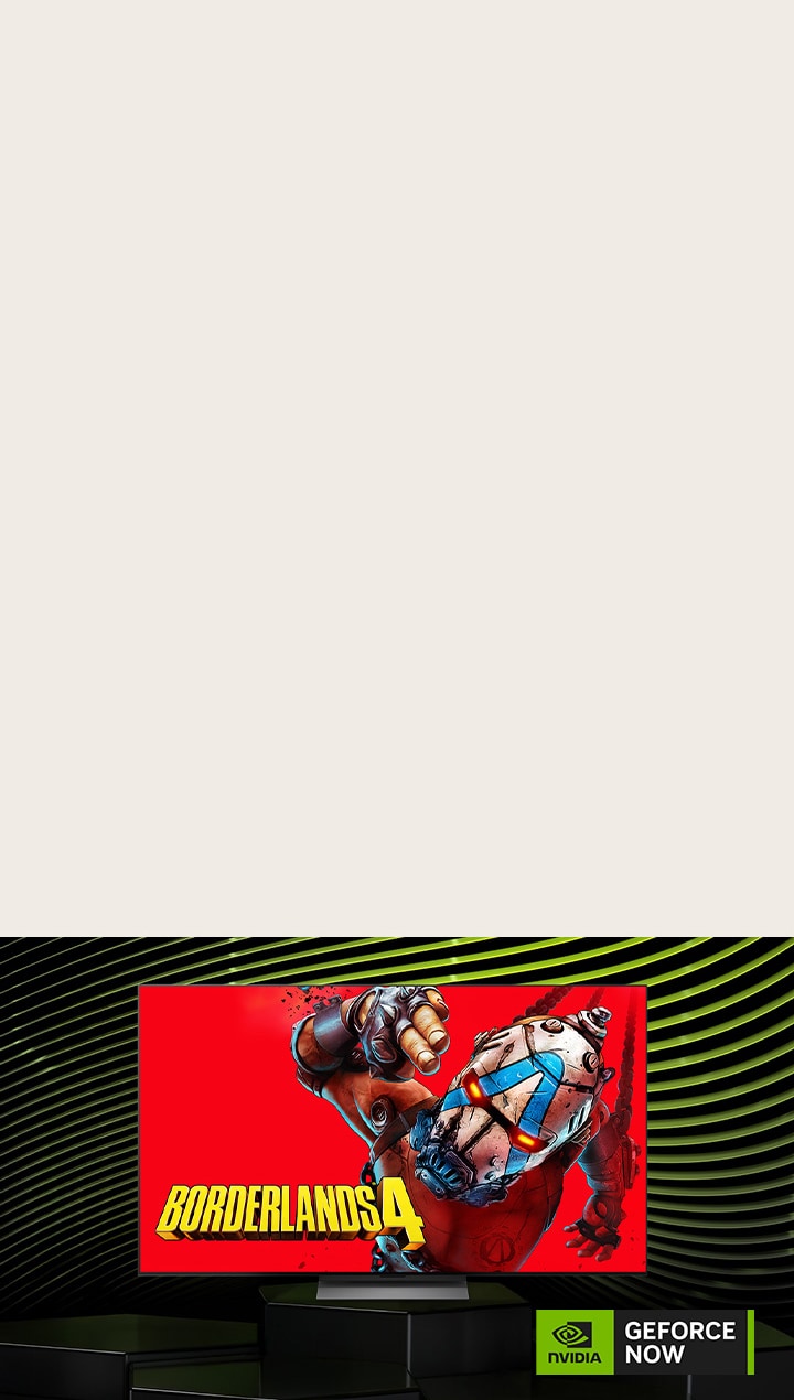 LG Mini RGB evo AI MRGB85 с NVIDIA GeForce NOW показана игра Borderlands 4 рядом с логотипом GeForce NOW, демонстрируя доступ к облачному геймингу в интерфейсе телевизора.