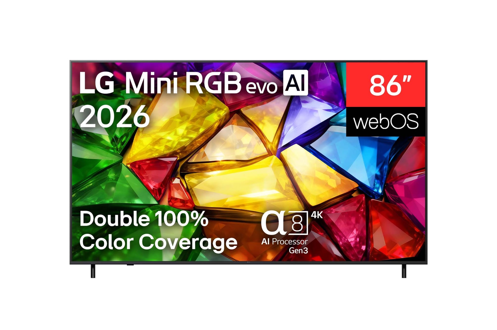 Вид спереди на телевизор LG Mini RGB evo AI MRGB85 выпуска 2026 года демонстрирует яркое кристаллическое изображение с четко очерченными разноцветными гранями, характеристики включают 75-дюймовый дисплей, webOS, RGB Primary Color Pro и процессор alpha 8 AI 4K Gen3.