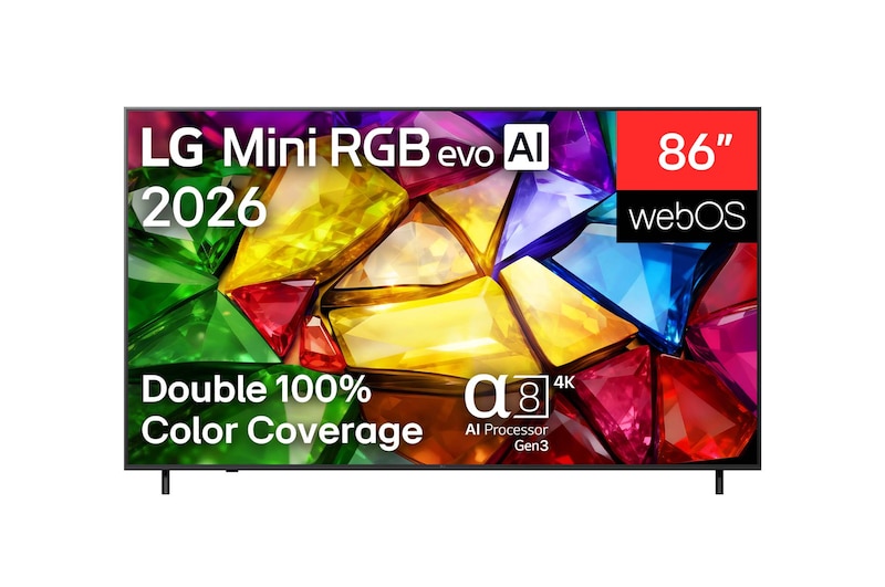 Вид спереди на телевизор LG Mini RGB evo AI MRGB85 выпуска 2026 года демонстрирует яркое кристаллическое изображение с четко очерченными разноцветными гранями, характеристики включают 75-дюймовый дисплей, webOS, RGB Primary Color Pro и процессор alpha 8 AI 4K Gen3.