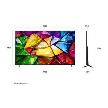 LG Mini RGB evo AI MRGB85, показанный спереди и сбоку, демонстрирует 75-дюймовый дисплей с шириной экрана 1677 мм, высотой экрана 966 мм, общей высотой с подставкой 1032 мм, глубиной 51,6 мм и размерами подставки 1499 на 359 мм.