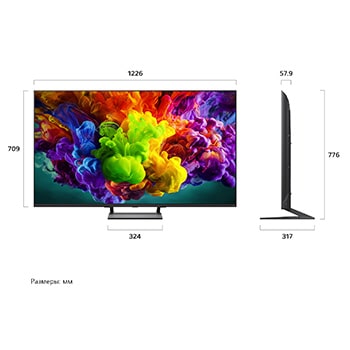LG QNED evo AI QNED90 Mini LED visas framifrån och från sidan och lyfter fram en 65-tums skärm med en bredd på 1 445 mm, skärmhöjd på 830 mm, höjd med stativ på 903 mm, ett profildjup på 58,5 mm och ett stativavtryck på 380 x 337 mm.