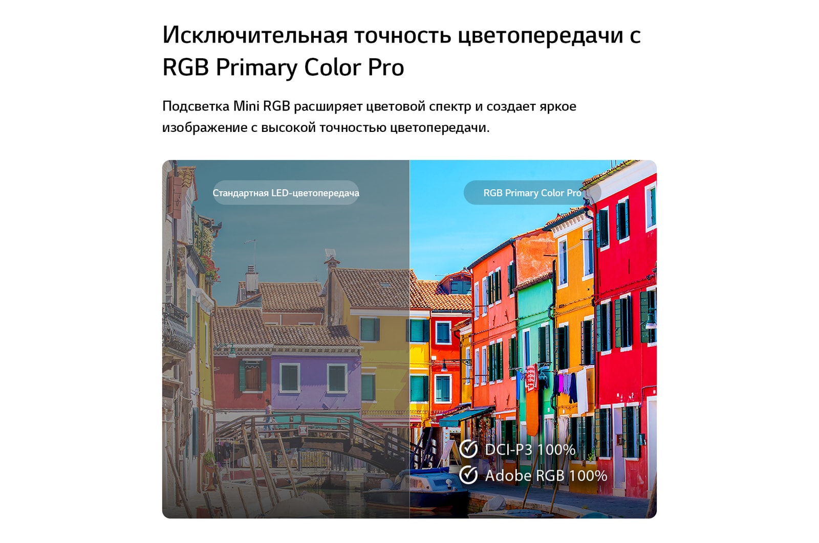 Технология RGB Primary Color Pro, используемая в LG Mini RGB evo AI MRGB85, показана на разделенном изображении, сравнивающем обычные цвета LED слева с более яркими и насыщенными зданиями справа, подчеркивая 100% охват DCI-P3 и 100% Adobe RGB.