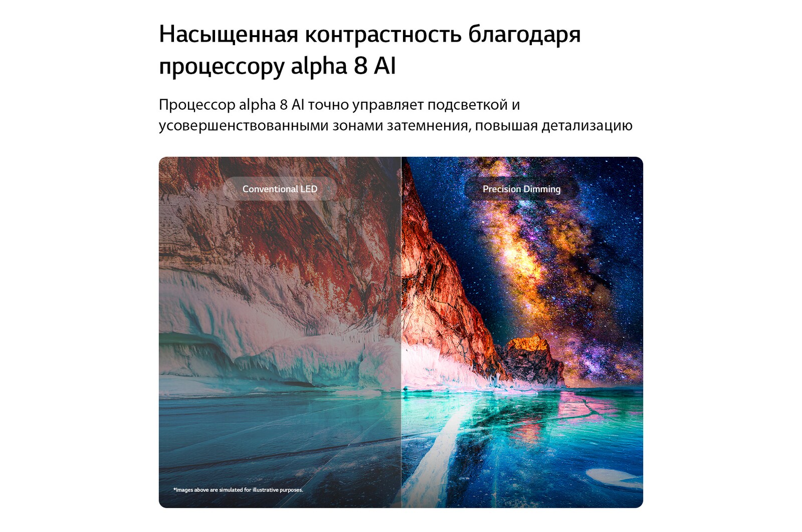 LG Mini RGB evo AI MRGB85 демонстрирует технологию Precision Dimming с помощью разделенного изображения, сравнивающего обычный LED слева с более глубоким черным цветом и улучшенной четкостью контраста справа, обеспечиваемыми процессором alpha 8 AI.