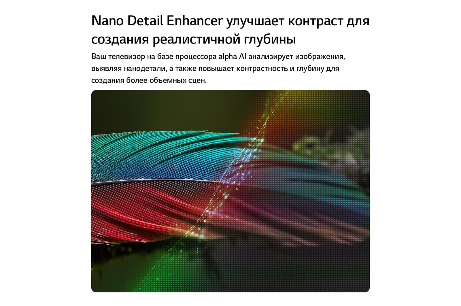 LG NANO 4K UHD AI NU85 с технологией Nano Detail Enhancer демонстрирует изображение пера, при этом интеллектуальный процессор alpha распознает тонкие текстуры для улучшения контрастности и глубины, обеспечивая более четкое и объемное изображение 4K.