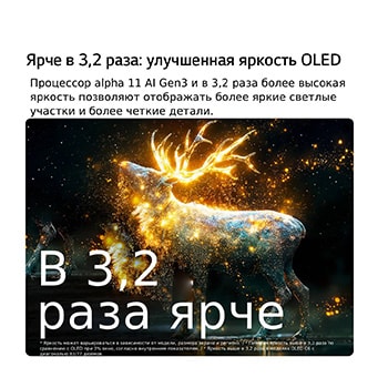 LG OLED evo AI C6 с функцией Brightness Booster Pro показывает темную сцену, где светящиеся частицы окружают силуэт оленя, обеспечивая пиковую яркость выше до 3,2 раз, более ясные и четкие детали.