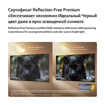 LG OLED evo AI G6 с технологией Reflection Free Premium демонстрирует сравнение бок о бок с матовым дисплеем Anti-Glare, сохраняя изображение черного ягуара четким с глубоким черным цветом и тонкой текстурой, особенно в яркой обстановке, с отображением знака сертификации Intertek.