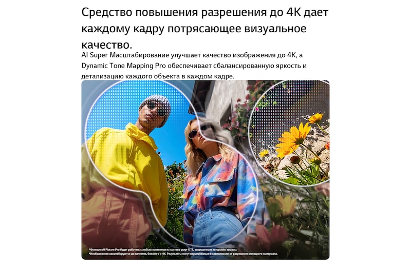 LG QNED evo AI QNED83 Mini LED с технологиями AI Picture Pro и Dynamic Tone Mapping Pro показывает сцену на открытом воздухе, снятую с нижнего ракурса, с двумя людьми среди ярких цветов; ИИ распознает и масштабирует каждый кадр до 4K для более четкой текстуры и детализации.