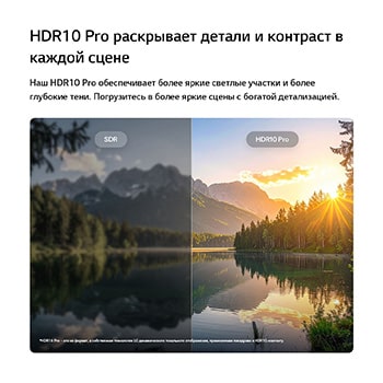 Телевизор LG SMART TV AI LB65 FHD подчеркивает преимущества HDR10 Pro с помощью разделенного изображения пейзажа с озером и горами, сравнивая SDR с HDR10 Pro для выявления более ярких светлых участков, более глубоких теней и более утонченного контраста.