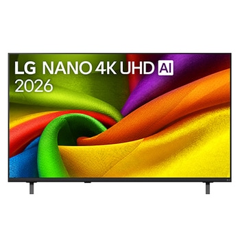 Вид спереди на LG NANO 4K UHD AI NU85, выпущенный в 2026 году: экран заполнен плавными слоями ярко окрашенных, тканеподобных текстур, а изогнутые многоцветные складки распространяются по всему дисплею.