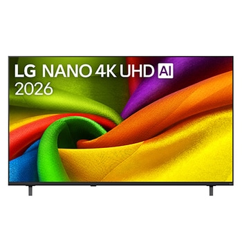 Вид спереди на LG NANO 4K UHD AI NU85, выпущенный в 2026 году: экран заполнен плавными слоями ярко окрашенных, тканеподобных текстур, а изогнутые многоцветные складки распространяются по всему дисплею.
