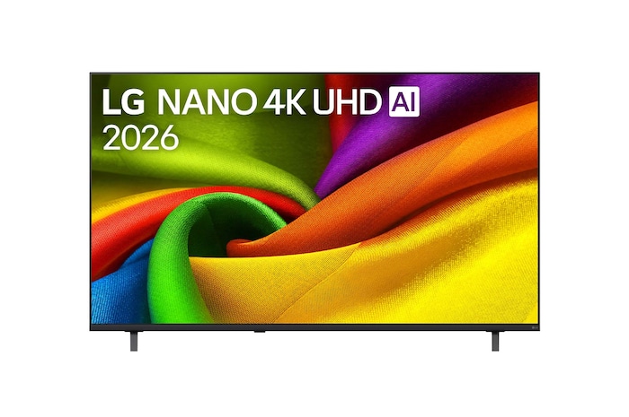 Вид спереди на LG NANO 4K UHD AI NU85, выпущенный в 2026 году: экран заполнен плавными слоями ярко окрашенных, тканеподобных текстур, а изогнутые многоцветные складки распространяются по всему дисплею.