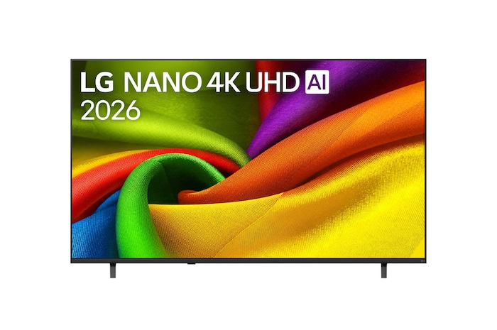 Вид спереди на LG NANO 4K UHD AI NU85, выпущенный в 2026 году: экран заполнен плавными слоями ярко окрашенных, тканеподобных текстур, а изогнутые многоцветные складки распространяются по всему дисплею.