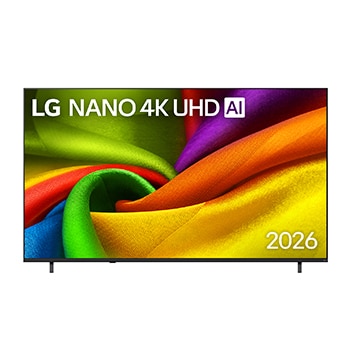 Вид спереди на LG NANO 4K UHD AI NU85, выпущенный в 2026 году: экран заполнен плавными слоями ярко окрашенных, тканеподобных текстур, а изогнутые многоцветные складки распространяются по всему дисплею.