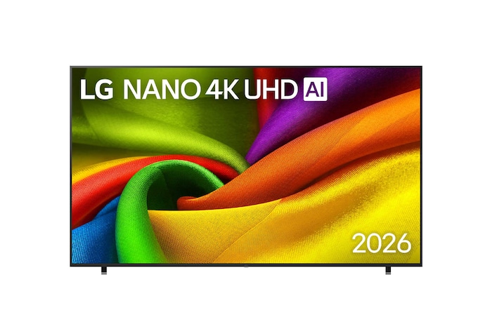 Вид спереди на LG NANO 4K UHD AI NU85, выпущенный в 2026 году: экран заполнен плавными слоями ярко окрашенных, тканеподобных текстур, а изогнутые многоцветные складки распространяются по всему дисплею.