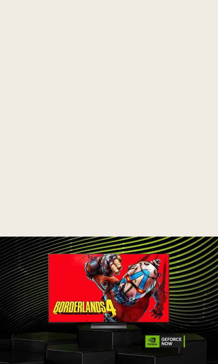 На изображении «LG OLED evo AI G6 с NVIDIA GeForce NOW» на экране показана игра Borderlands 4 рядом с логотипом GeForce NOW, демонстрируя доступ к облачному геймингу в интерфейсе телевизора.