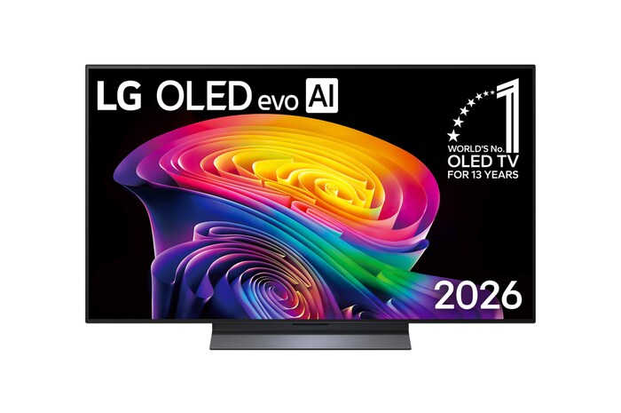 Фронтальный вид телевизора LG OLED evo AI C6, выпущенного в 2026 году: тонкая черная рамка и яркий рельефный вихрь многослойных радужных тонов, перетекающий по экрану.