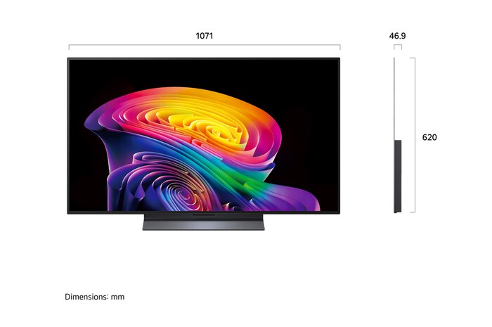 Фронтальный вид телевизора LG OLED evo AI C6, выпущенного в 2026 году, отображает многослойные разноцветные формы, демонстрируя технологии Perfect Black и Perfect Color, а также значок «OLED TV № 1 в мире уже 13 лет».
