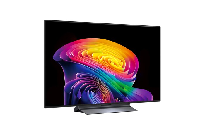 Телевизор LG OLED evo AI C6, показанный спереди и сбоку, оснащен 48-дюймовым дисплеем шириной 1071 мм, общая высота 620 мм, ультратонкий 46,9 мм (без подставки).