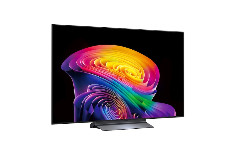 Телевизор LG OLED evo AI C6, показанный спереди и сбоку, оснащен 55-дюймовым дисплеем шириной 1222 мм, общая высота 703 мм, ультратонкий 45,1 мм (без подставки).