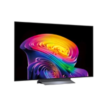 Телевизор LG OLED evo AI C6, показанный спереди и сбоку, оснащен 55-дюймовым дисплеем шириной 1222 мм, общая высота 703 мм, ультратонкий 45,1 мм (без подставки).