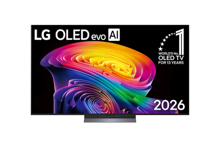 Фронтальный вид телевизора LG OLED evo AI C6, выпущенного в 2026 году: тонкая черная рамка и яркий рельефный вихрь многослойных радужных тонов, перетекающий по экрану.