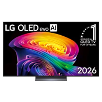 Фронтальный вид телевизора LG OLED evo AI C6, выпущенного в 2026 году: тонкая черная рамка и яркий рельефный вихрь многослойных радужных тонов, перетекающий по экрану.