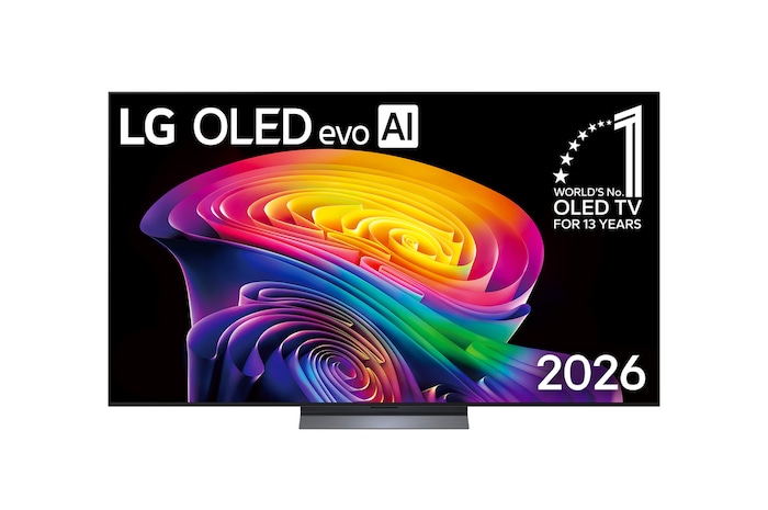 Фронтальный вид телевизора LG OLED evo AI C6, выпущенного в 2026 году: тонкая черная рамка и яркий рельефный вихрь многослойных радужных тонов, перетекающий по экрану.