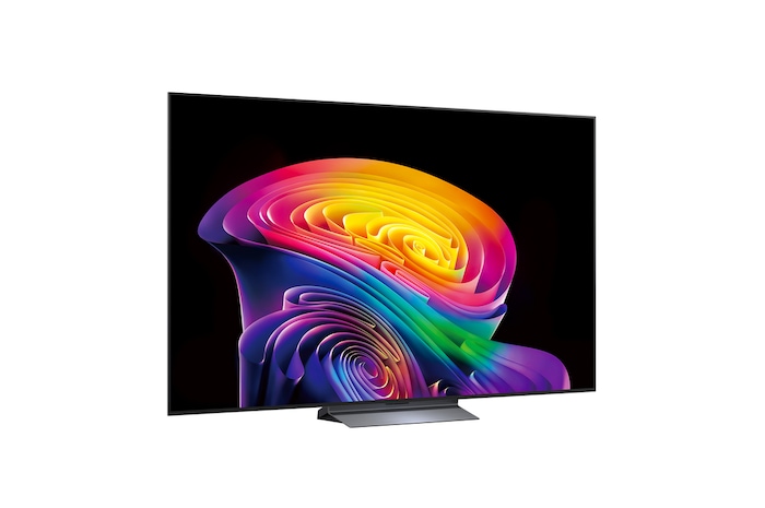 Телевизор LG OLED evo AI C6, показанный спереди и сбоку, оснащен 77-дюймовым дисплеем шириной 1711 мм, общая высота 982 мм, ультратонкий 47,1 мм (без подставки).