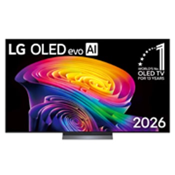 Фронтальный вид телевизора LG OLED evo AI C6, выпущенного в 2026 году: тонкая черная рамка и яркий рельефный вихрь многослойных радужных тонов, перетекающий по экрану.
