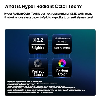 LG OLED evo AI C6 с технологией Hyper Radiant Color Tech обеспечивает идеальный черный (Perfect Black), идеальный цвет (Perfect Color), имеет в 3,2 раза более яркий дисплей и оснащен интеллектуальным процессором alpha 11 AI 4K Gen3 с движком Dual AI Engine.