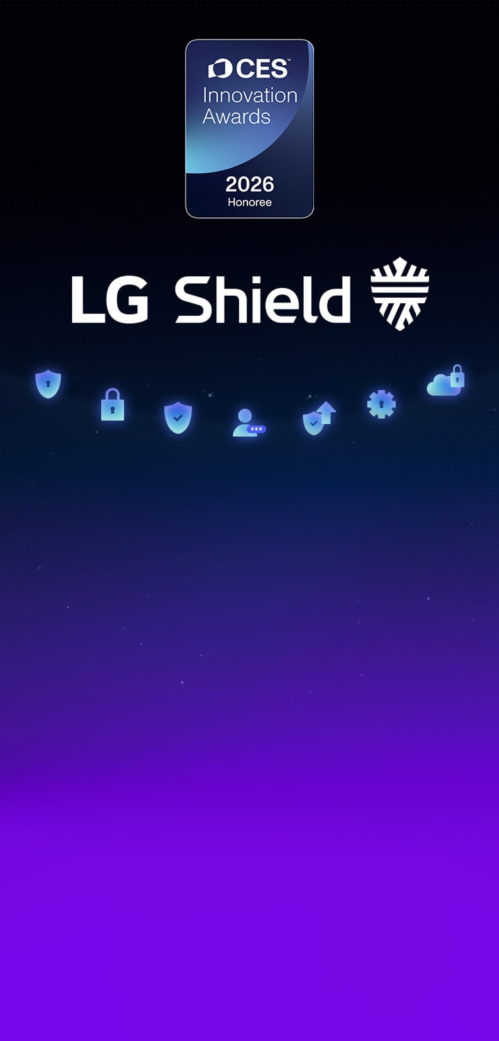 Эмблема LG Shield показана на темном фоне с иконками безопасности, подчеркивающими защиту конфиденциальности, безопасности данных и целостности системы в webOS. Также показан значок CES Innovation Awards 2026.