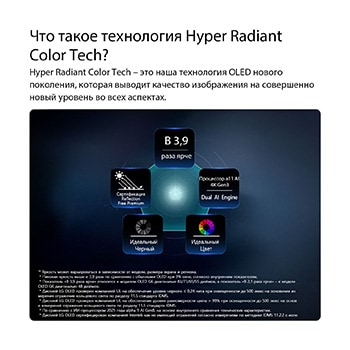 LG OLED evo AI G6 на базе технологии Hyper Radiant Color Tech показывает изображение, яркость которого в 3,9 раза выше, с использованием интеллектуального процессора alpha11 AI 4K Gen3 Dual AI Engine, технологией Reflection Free Premium и значками Perfect Black и Perfect Color, расположенными в виде пятиугольника.