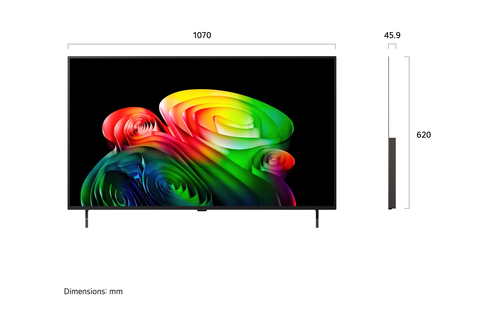 Фронтальный вид телевизора LG OLED AI B6, выпущенного в 2026 году, отображает многослойные разноцветные формы, демонстрируя технологии Perfect Black и Perfect Color, а также значок «OLED TV № 1 в мире уже 13 лет».