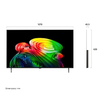Фронтальный вид телевизора LG OLED AI B6, выпущенного в 2026 году, отображает многослойные разноцветные формы, демонстрируя технологии Perfect Black и Perfect Color, а также значок «OLED TV № 1 в мире уже 13 лет».