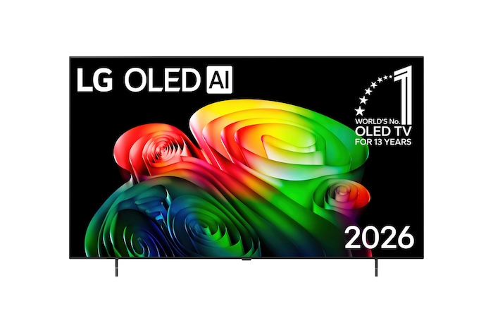 Фронтальный вид на телевизор LG OLED AI B6, выпущенный в 2026 году, отличается тонкой черной рамкой и ярким скульптурным изображением насыщенных многослойных разноцветных форм, заполняющих экран.