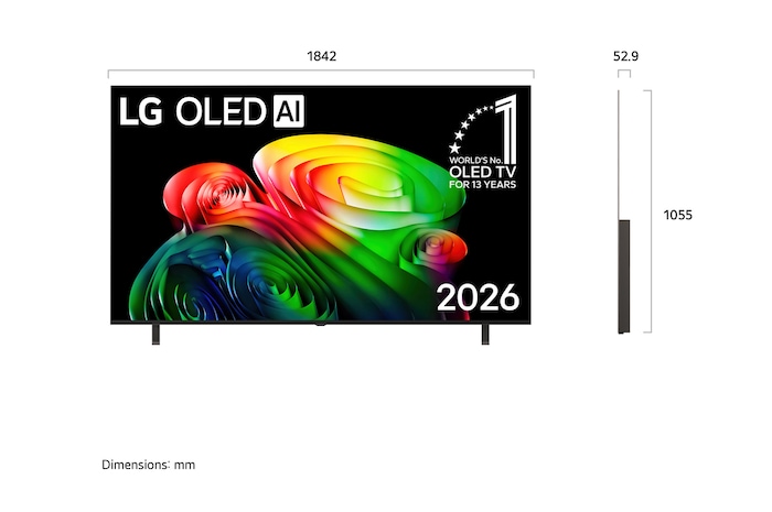 Телевизор LG OLED AI B6, показанный спереди и сбоку, оснащен 55-дюймовым дисплеем шириной 1228 мм, общая высота 708 мм, ультратонкий 45,9 мм (без подставки).