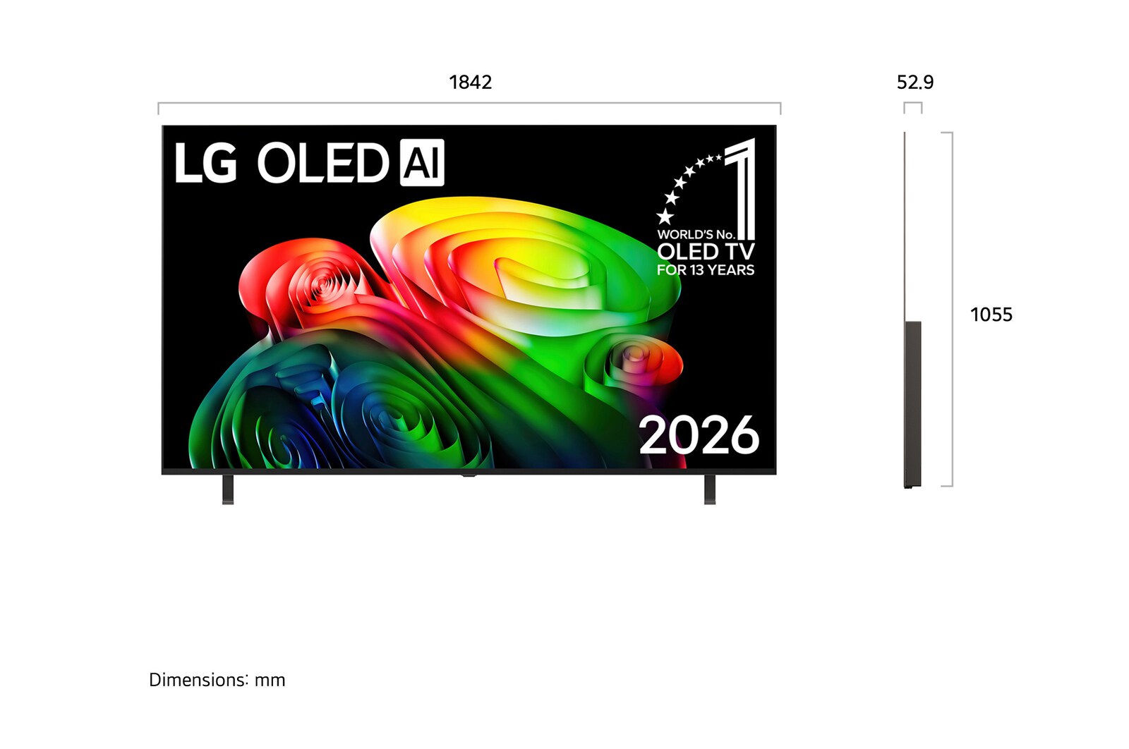 Телевизор LG OLED AI B6, показанный спереди и сбоку, оснащен 55-дюймовым дисплеем шириной 1228 мм, общая высота 708 мм, ультратонкий 45,9 мм (без подставки).
