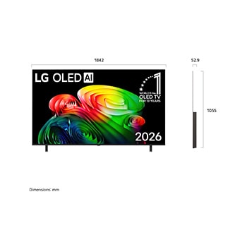 Телевизор LG OLED AI B6, показанный спереди и сбоку, оснащен 55-дюймовым дисплеем шириной 1228 мм, общая высота 708 мм, ультратонкий 45,9 мм (без подставки).