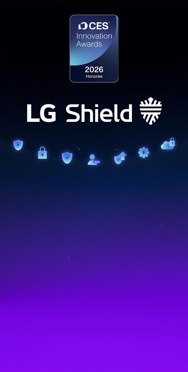 Эмблема LG Shield показана на темном фоне с иконками безопасности, подчеркивающими защиту конфиденциальности, безопасности данных и целостности системы в webOS. Также показан значок CES Innovation Awards 2026.