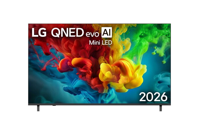 Вид спереди на телевизор LG QNED evo AI QNED83 Mini LED, выпущенный в 2026 году, показывает экран, заполненный яркими, плавными всплесками разных цветов в движении, а плотные цветовые облака плавно растекаются по дисплею.