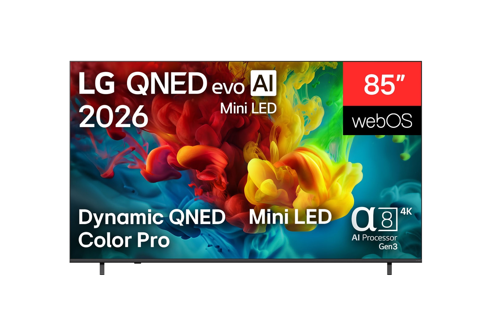 Вид спереди на телевизор LG QNED evo AI QNED83 Mini LED, выпущенный в 2026 году, демонстрирует яркие текучие всплески разных цветов в движении, представляя функции Dynamic QNED Color Pro, Mini LED, интеллектуальный процессор alpha 8 AI 4K Gen3, webOS и 85-дюймовый дисплей.